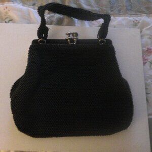 Vintage Black Seed Beaded Double closure handbag Purse Lamorent Made in USA  50s